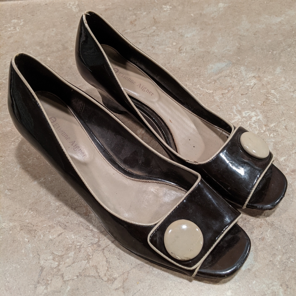 Etienne Aigner Brown Peep Toe Wedge Slip On Shoe 9.5